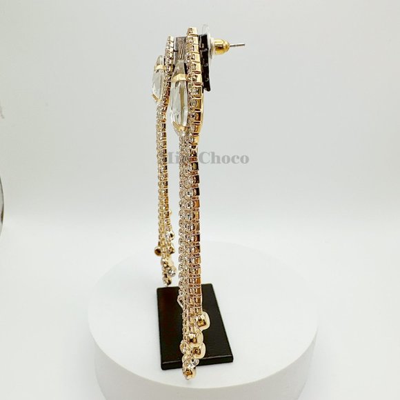 Gold Tone Rhinestone Pear Shape Button Fringe Drop Earrings - Picture 6 of 6